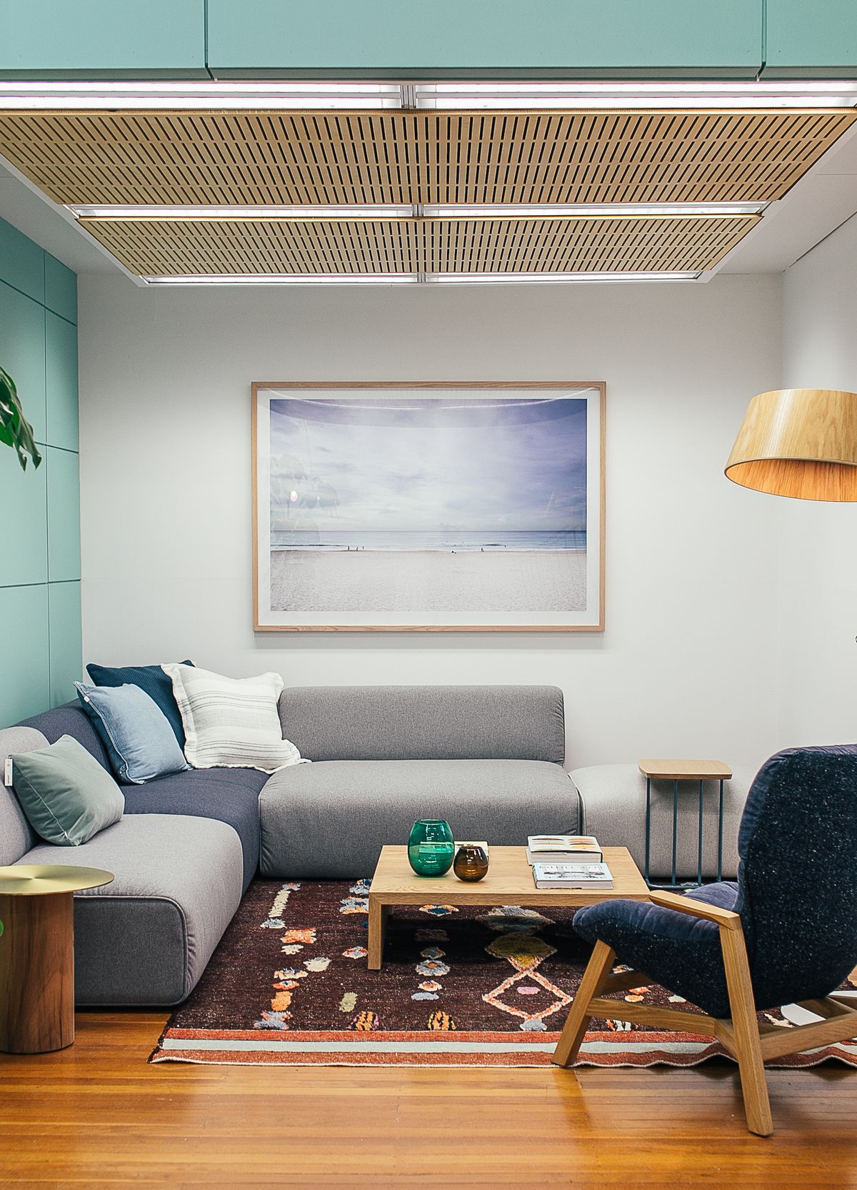 Calm natural interior with wooden furniture in Japandi style