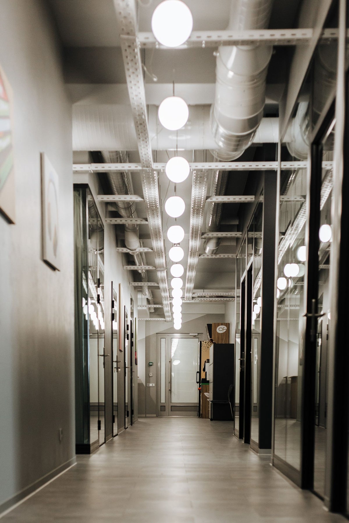 Ceiling downlights in a modern interior corridor
