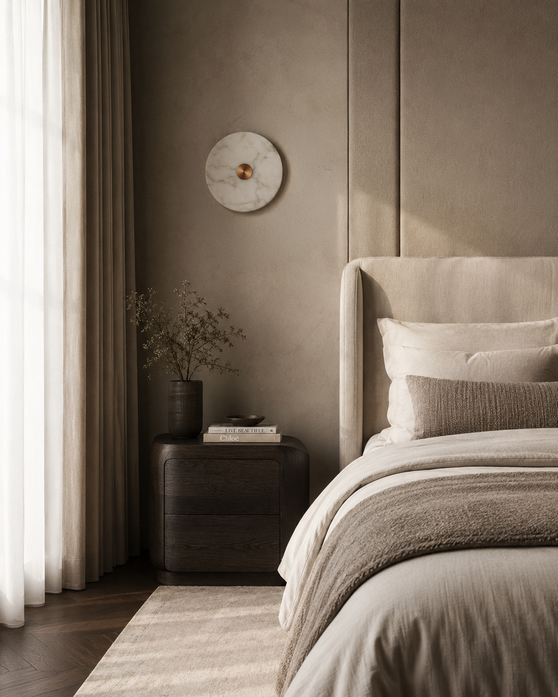 The Alba alabaster disc wall light styled in a modern bedroom