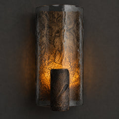 The Remy retro copper glass wall sconce lit with warm glow