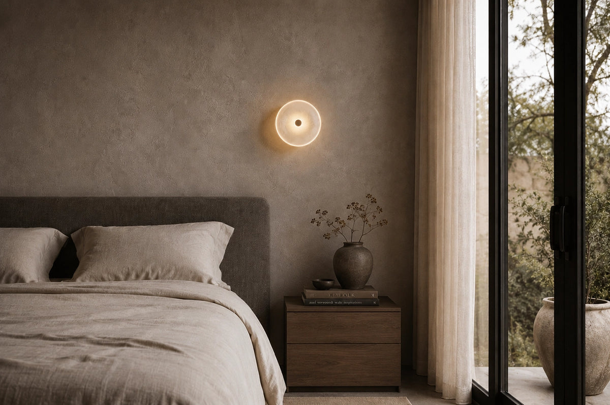 The Orbis frosted glass disc wall sconce on bedroom wall