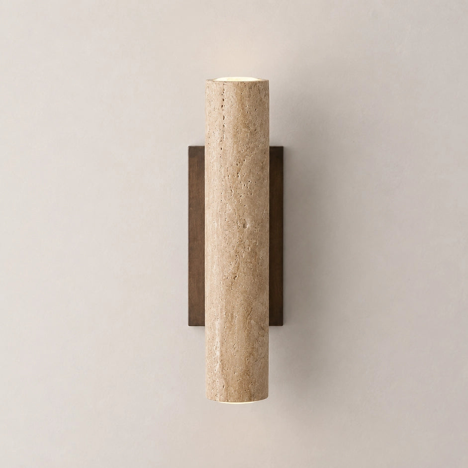 The Strata travertine stone cylinder wall sconce with timber accents