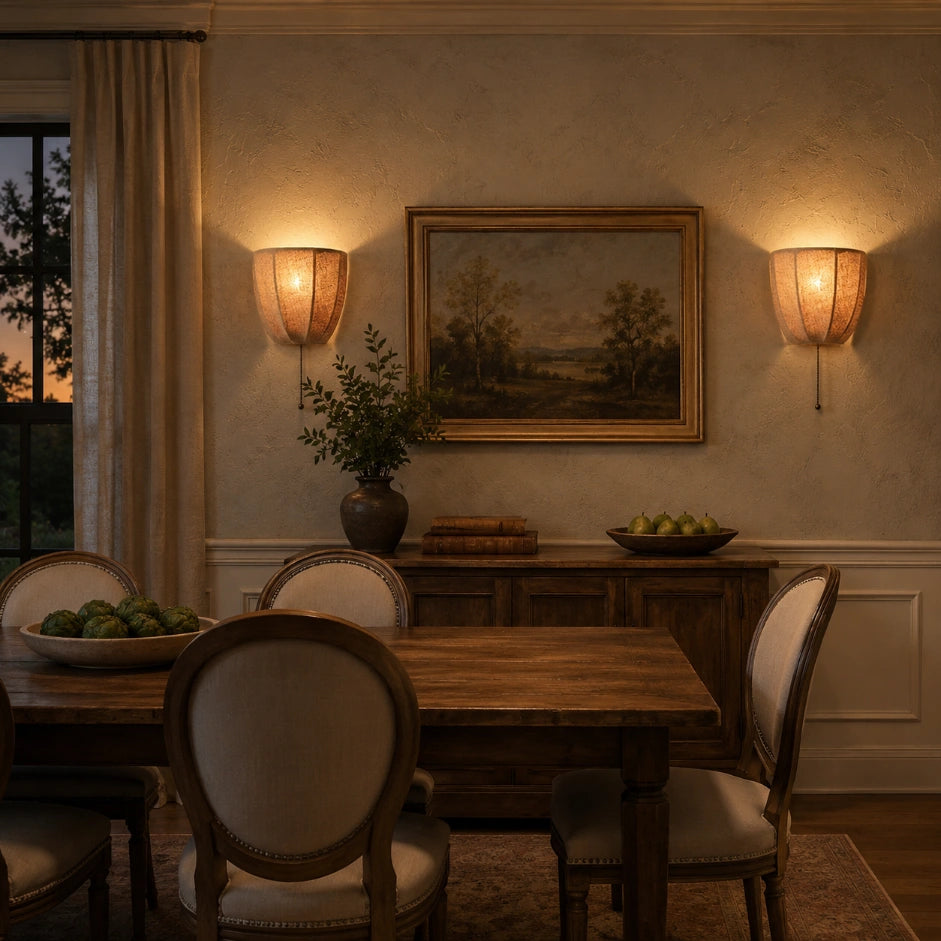 The Veil linen fabric wall sconce styled in bedroom