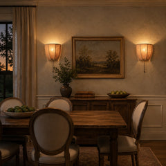 The Veil linen fabric wall sconce styled in bedroom